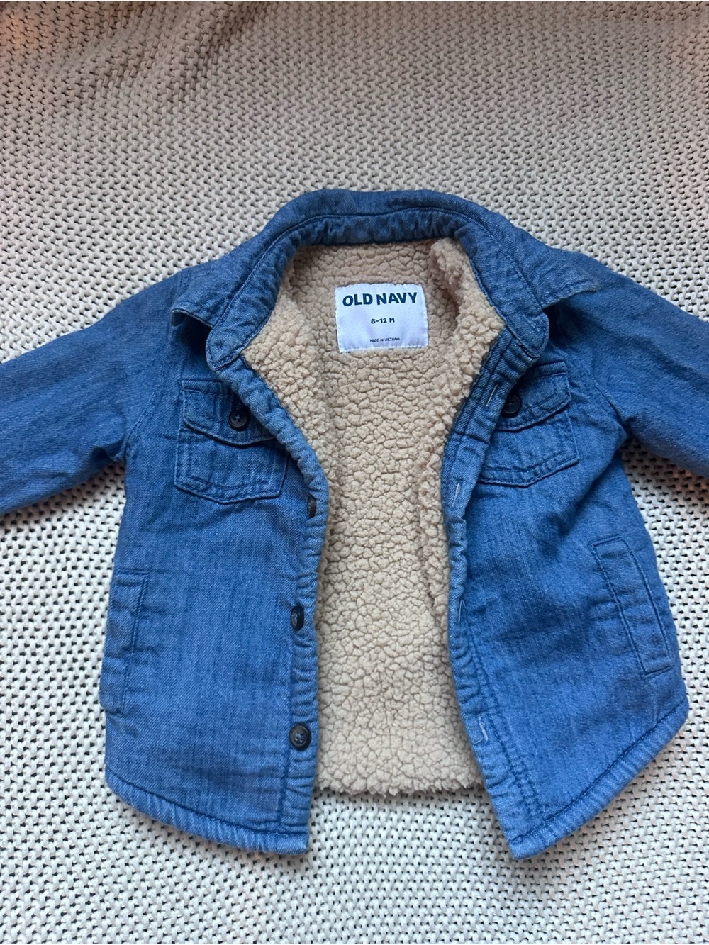 6-12 Months Denim-Style Jacket with Cream Sherpa Lining